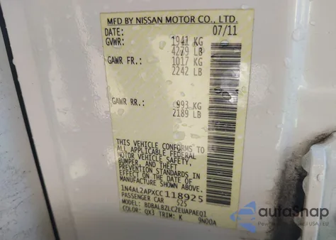 2012 Nissan Altima 2.5 S z USA, uszkodzony, nr VIN 1N4AL2APXCC118925